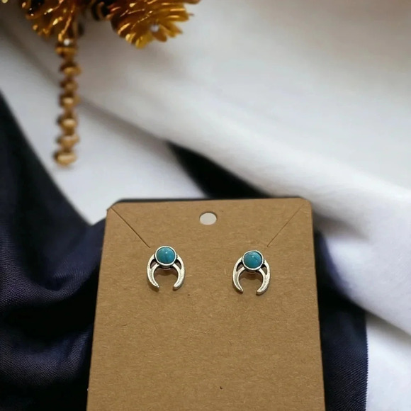 Bohemian Turquoise Stone Silver Stud Earrings - Picture 5 of 5